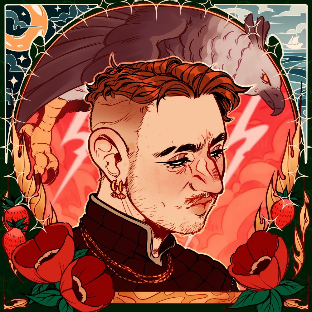 Portrait of the artist (It/its) as a knight, framed with poppies, strawberries, filigree and a harpy eagle
On the side and behind the portrait are vague sea and night related backgrounds