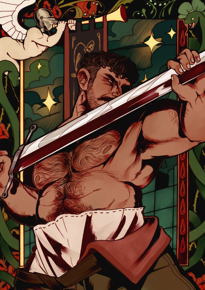 Illustration of a bare chested knight holding a sword by the blade bare handed
A frame with snakes, poppies and various flowers surround him, an angelic knight playing the trumpet at the top left corner
