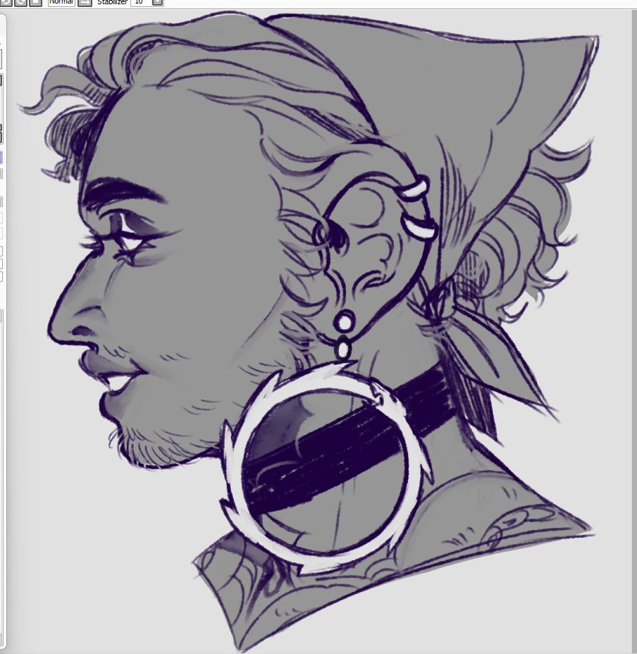 Side profile sketch of my oc Sépia (He/him) with a massive ouroboros dangling earring