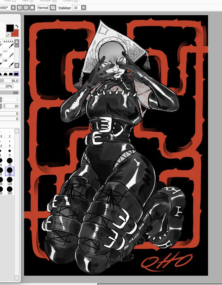 Monochromatic sketch of Otto (It/none), a masked figure, on its knees, slightly hiding its face with its hands, red thorns behind it in a vague labyrinth pattern