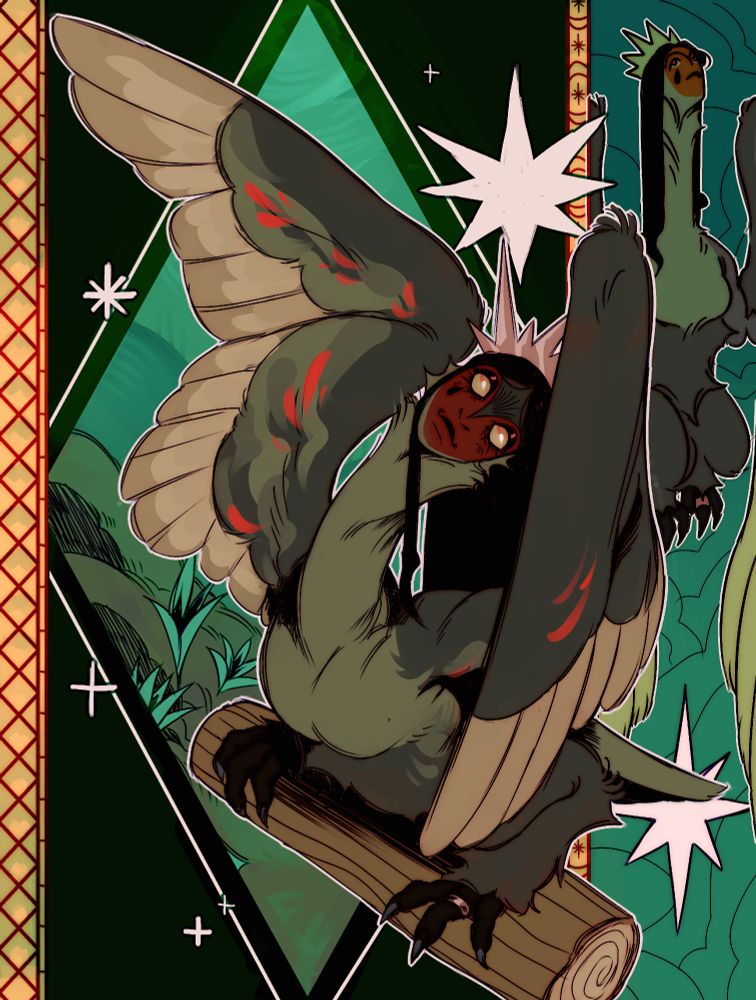 Illustration of a harpy on a log, looking up with a cheeky smile on her face
A frame with a thicker side on the right border her, another drawing of the harpy in it, this one looking like she's flying up