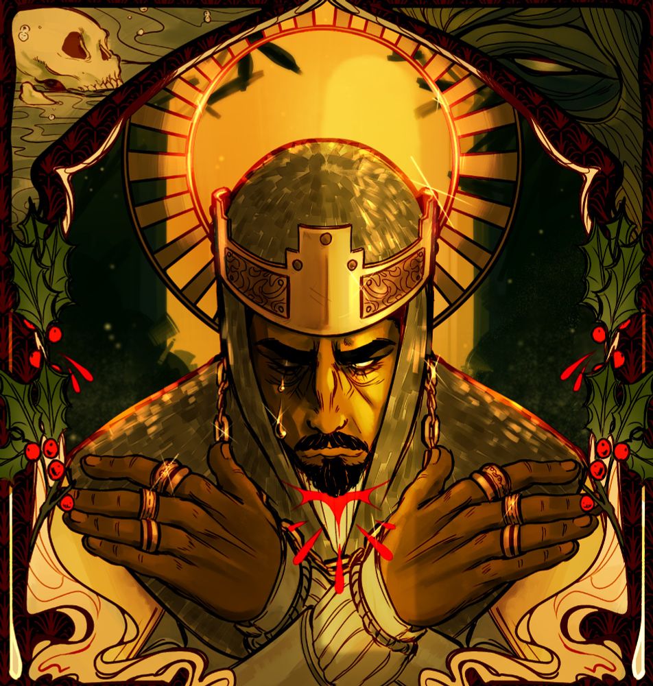Framed portrait of sir Gawain from the movie The Green Knight (2021)
He is wearing chainmail and his crown, hands with big rings on them, he looks quite miserable and sad
