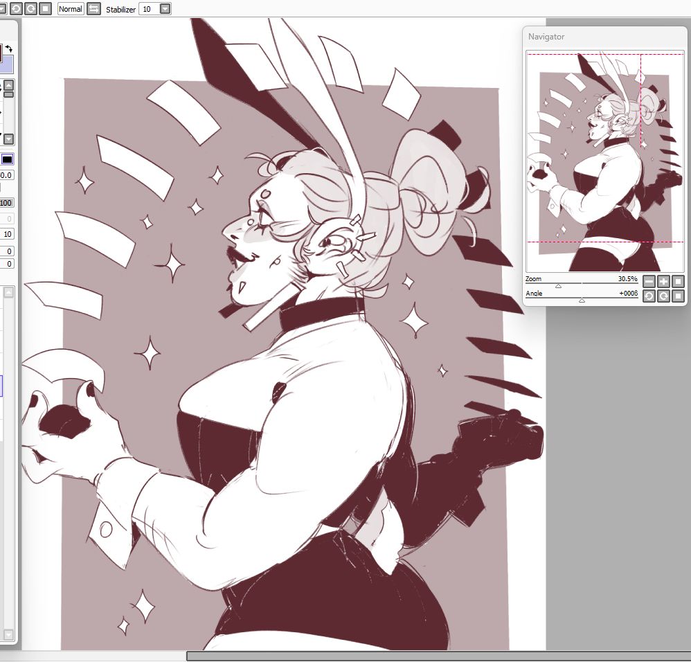 Screenshot of a sketch of April (He/she) shuffling cards in an absurd arc over his head
She is wearing bunny ears and a bunny tail, a lot of piercing in his face
