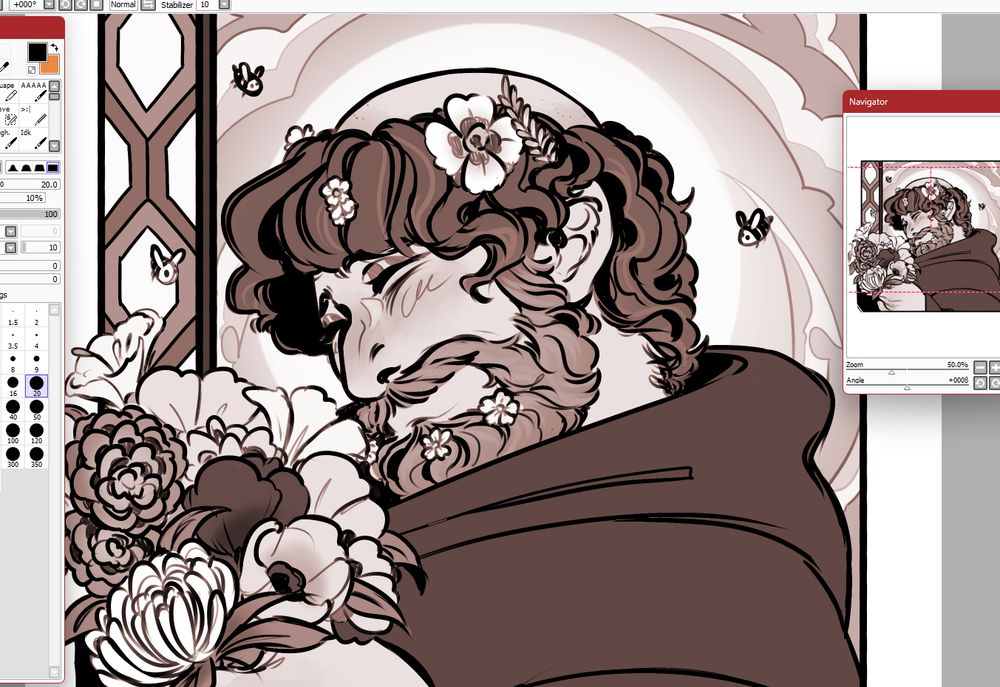 Screenshot of a sketch of Brother Antoine (He/him), holding flowers with some in his hair and beard, a gentle smile on his face
Bees fly around him