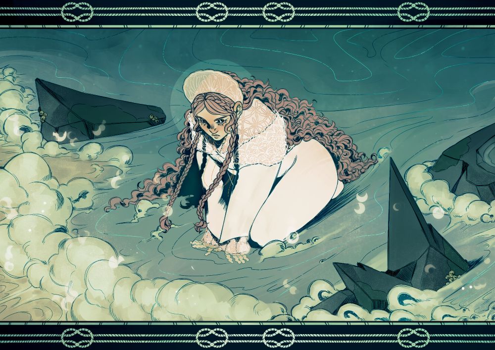 Illustration of a long haired feminine looking man in a white dress with laces
He is on his knees looking down, sat in the sea, foam and rocks shooting out