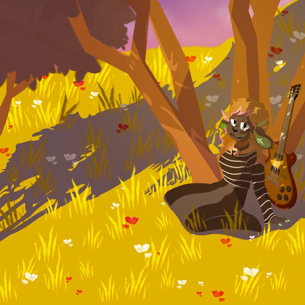 A former ferret, now a sheep wearing a white-striped black top and matching dress, sitting on a grassy hill with her guitar.