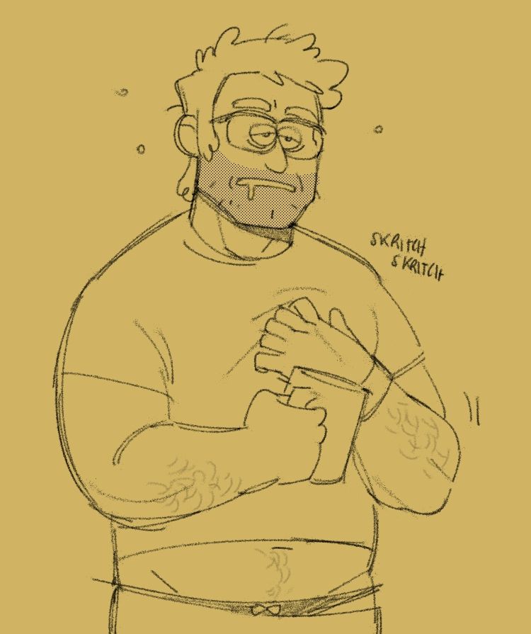 stanford pines, groggily holding a cup of coffee and scratching himself. a pair of black panties with a bow peek from underneath his pants