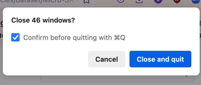 Firefox quit confirmation panel, reading “Close 46 windows? (Confirm before quitting with Command-Q)”