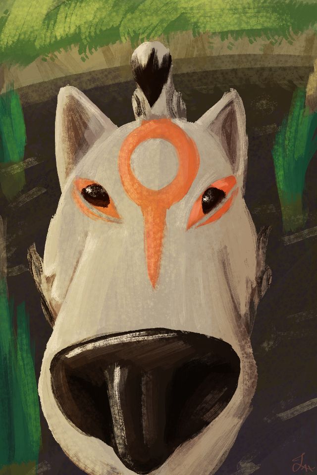 A digital painting of an extreme close up of the character Amaterasu from the game Okami.