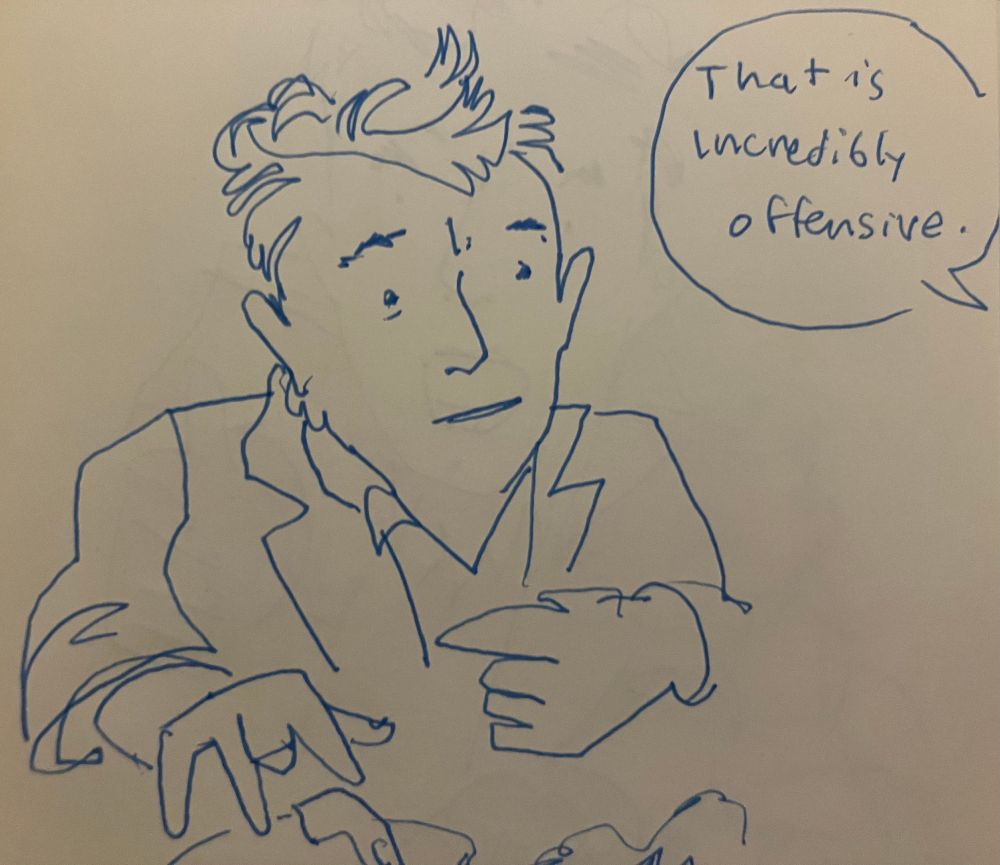 ink pen drawing of martin short as oliver putnam gesturing with a dismembered finger. a speech balloon off-page reads "that is incredibly offensive"