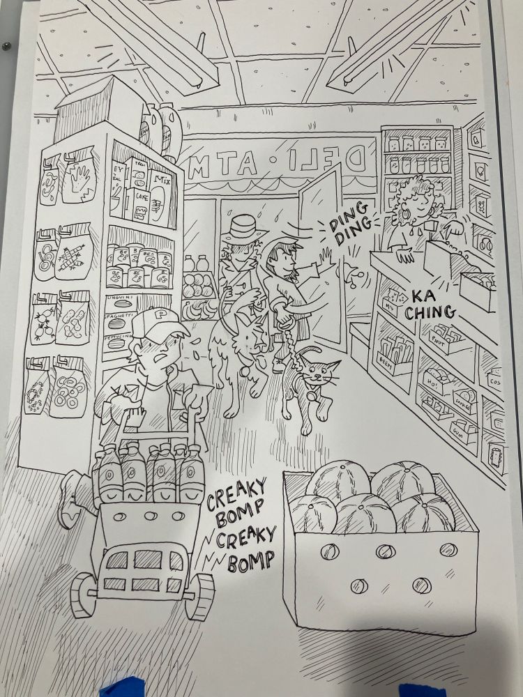 fullnpage fountain pen a illustration of a dog, a cat, and two people i. rain gear entering a bodega. theres also a person at a register and a person pushing a dolly loaded with bottles and boxes.