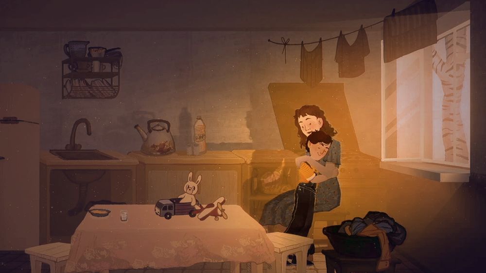 Screenshot from the game. Two characters: mother and her son Sanya. They stand in the kitchen and hug each other. The colors are warm and pleasant and create a homely feeling.