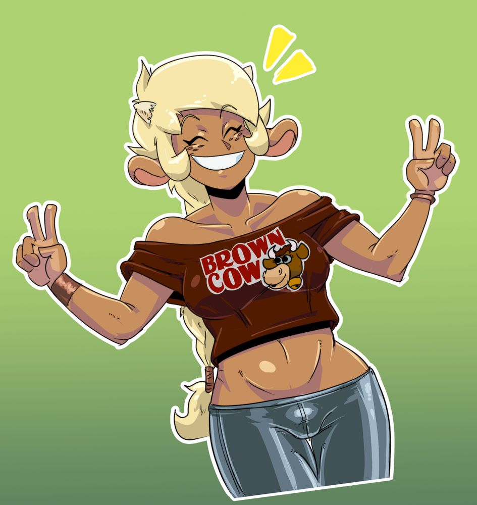 Picture of a tanned/darker complexion cow girl wearing a shirt with a vintage 'Brown Cow' product logo across her chest, being a local Canadian off-brand version of Nestle's Quik chocolate syrup product.