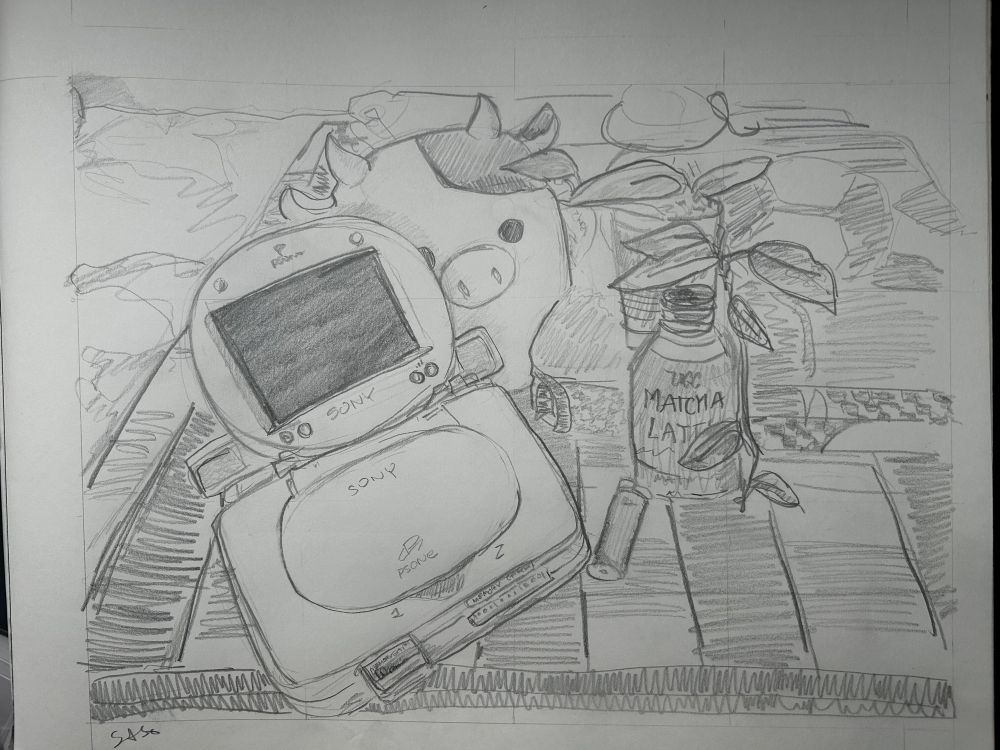 sketch of a bunch of items on my bed