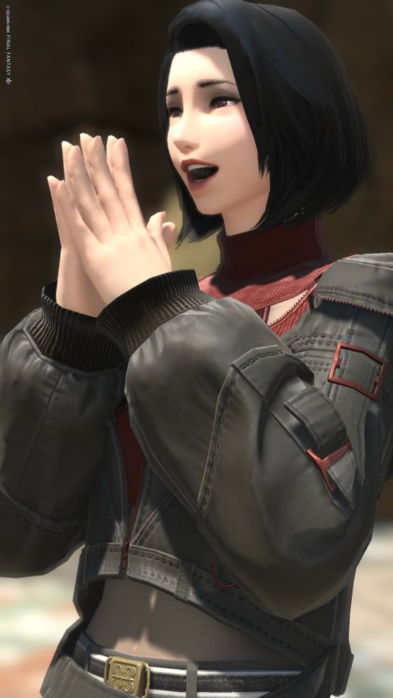 A midlander hyur smiling and clapping her hands in some of the new PVP gear from Final Fantasy 14. 