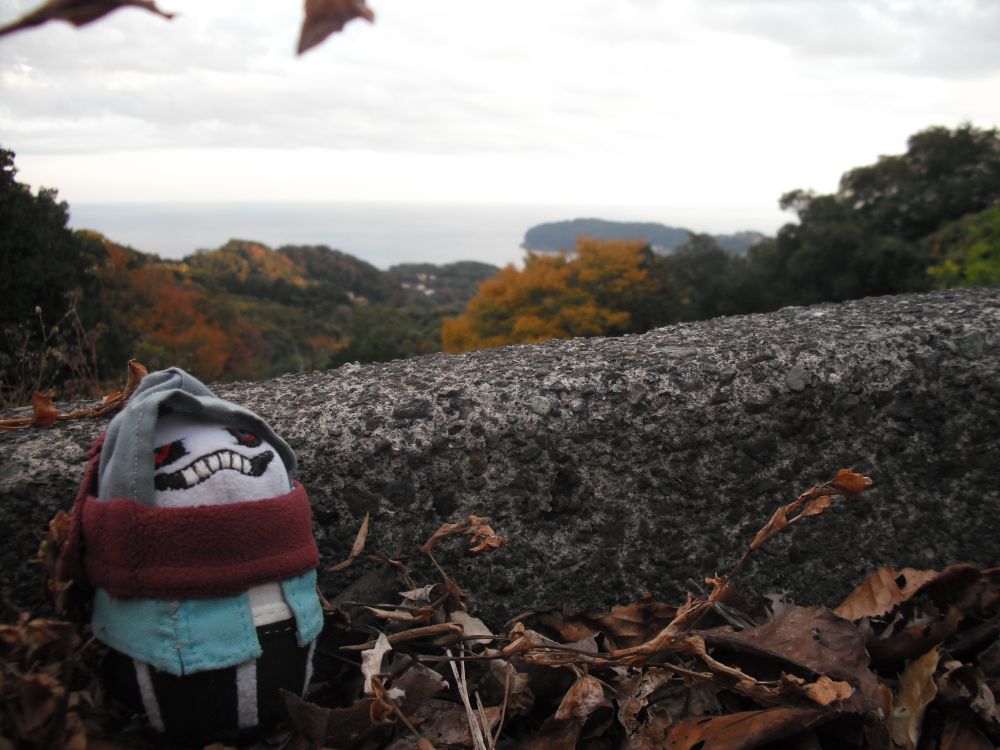 最前面 (画像を4分割したら左下)にMurder!Sansのもちぬい、最前面画像 右下(画像を9分割したら, 右下から1行2列)に枯れ葉、背景(画像を2分割したら上半分)に紅葉している木と海が写った写真