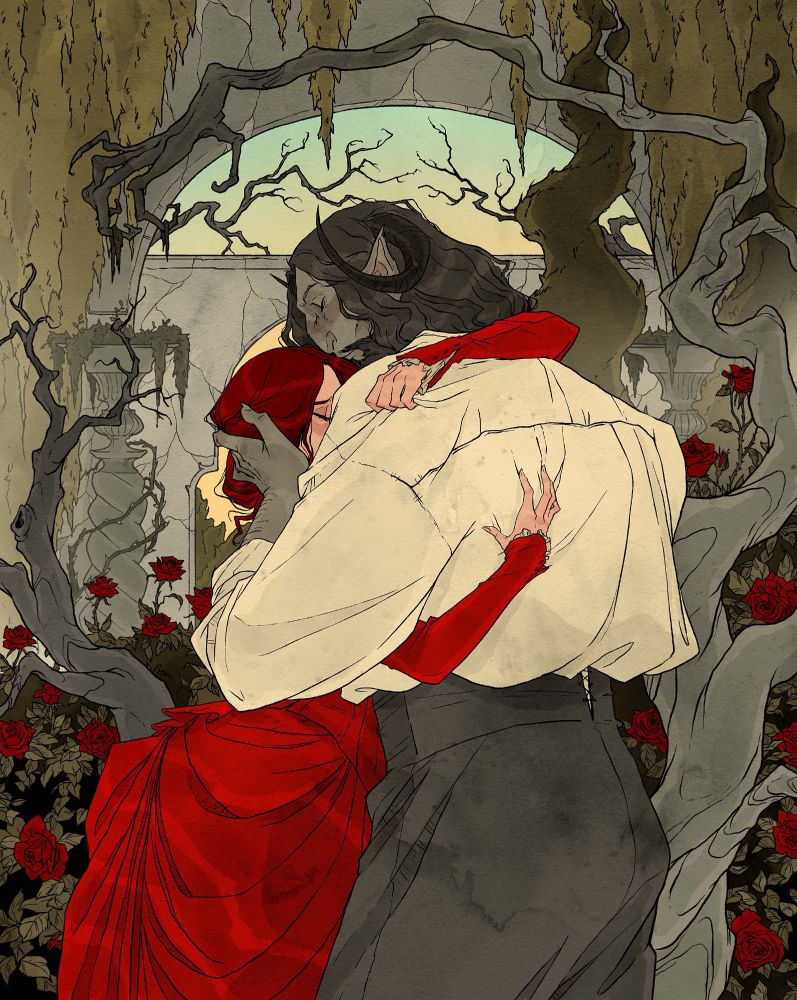 digital illustration by Abigail Larson inspired by the fairytale "Beauty and the Beast". A woman in a red gown tightly embraces a humanoid monster with goat-like features in a garden of roses and creepy trees.