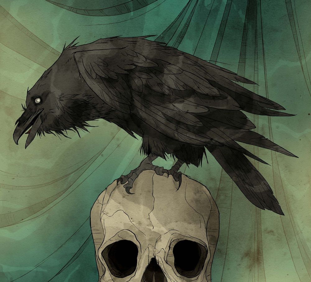 Frontispiece illustration by Abigail Larson for Macmillan's "Edgar Allan Poe Collection Jigsaw Sticker Book" inspired by Edgar Allan Poe's works. The image shows a spooky pale-eyed raven perched on the top of a skull with a teal curtain backdrop.