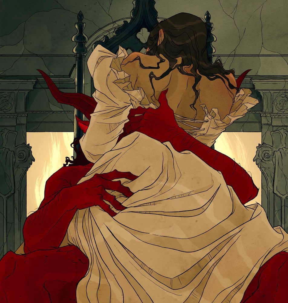 illustration by Abigail Larson of a witch making love to a demon in front of a fireplace