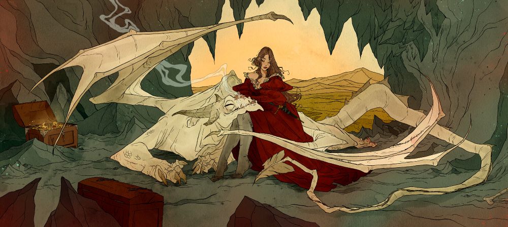 illustration by Abigail Larson depicting a princess petting a dragon who rests his head in her lap. The dragon is pale and has curled his wings around her. There are scattered treasure chests in the dragon's lair, and the opening of the cave shows a grassy plain in the distance.