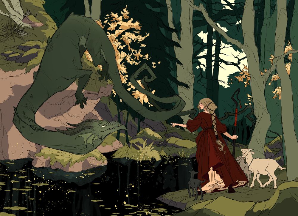 sketch/color study with flat digital color showing a fantasy forest scene. A young woman in 17th century dress holds a shepherd's crook and is surrounded by goats. She reaches across a dark pool towards a serpentine dragon. The sketch is inspired by the Swedish fairytale "Bride of the Lindworm" or "Prince Lindowrm"
