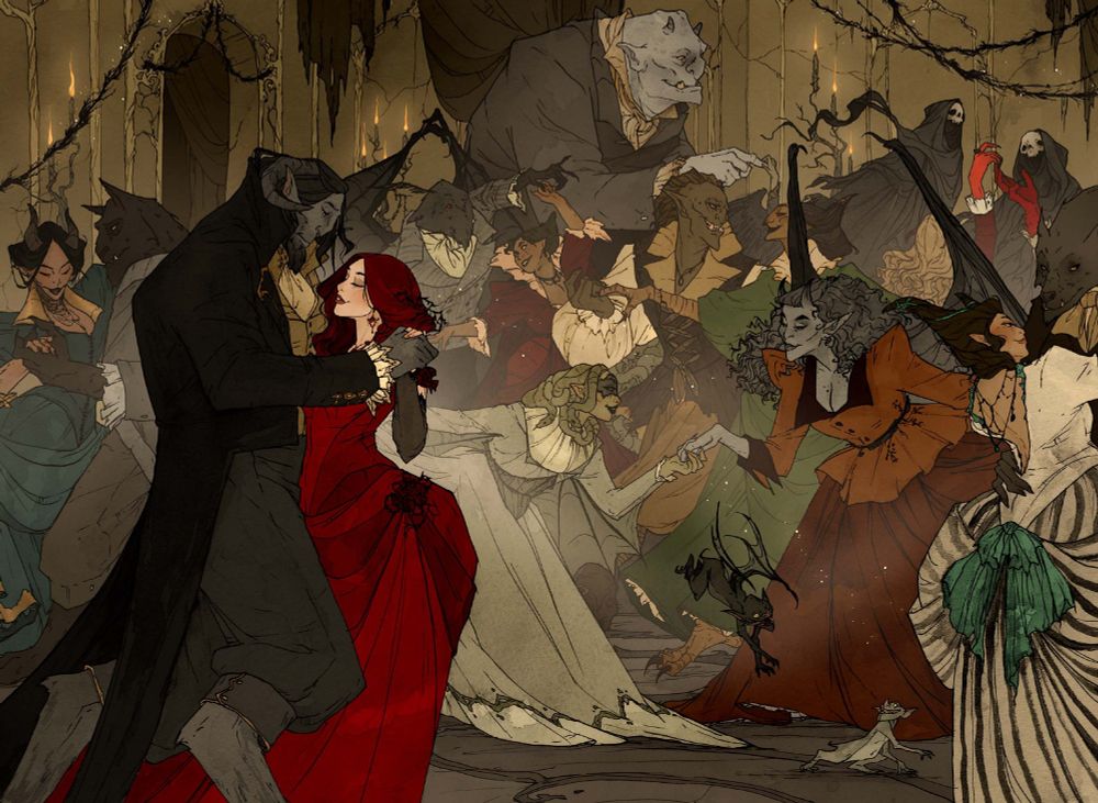 Illustration by Abigail Larson from 2021. The scene depicts a monster masquerade ball with various creatures dancing.