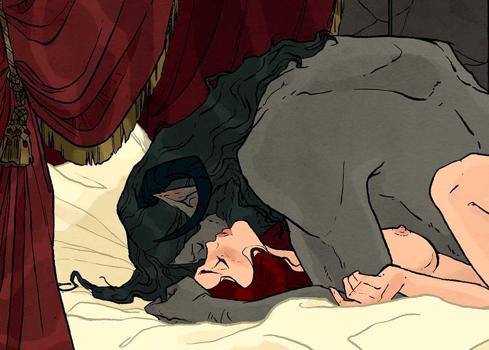 crop of a digital illustration depicting a goat-man monster making love to a woman in a fancy bed with red velvet drapery