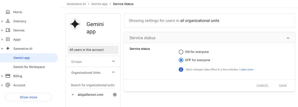 screenshot of Google admin console Gemini settings