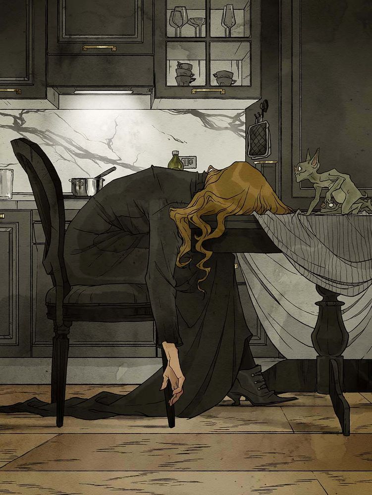 illustration of a woman at a kitchen table with her head down while two goblins look at her curiously