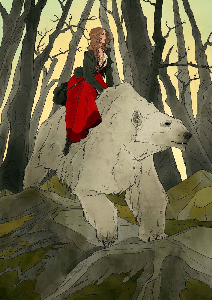 an illustration inspired by the fairytale "East of the Sun, West of the Moon" depicting the heroine riding a large white bear through a forest.