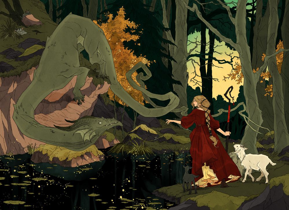 illustration inspired by the Scandinavian fairytale, "Bride of the Lindworm". A prince in the form of a lindworm perches on a moss-covered rock and peers curiously at a shepherdess from across a dark pond. The woman reaches toward him. The scene is set in a dark forest.