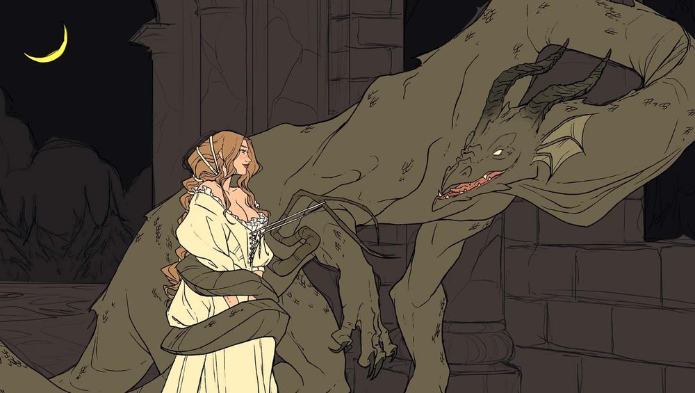 A work-in-progress sketch with flat color of an illustration inspired by the 