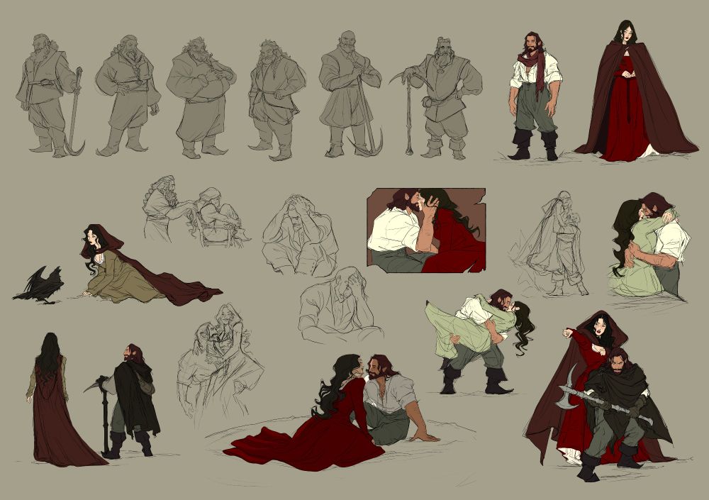 page of digital sketches depicting fantasy characters in various poses, inspired by the Snow White fairytale