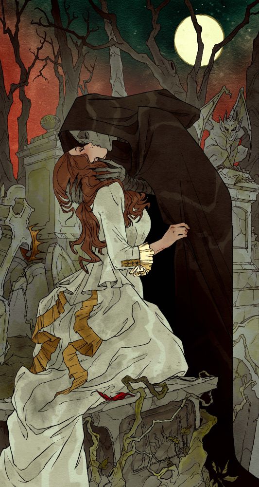 illustration showing a female Death figure kissing a woman in a graveyard