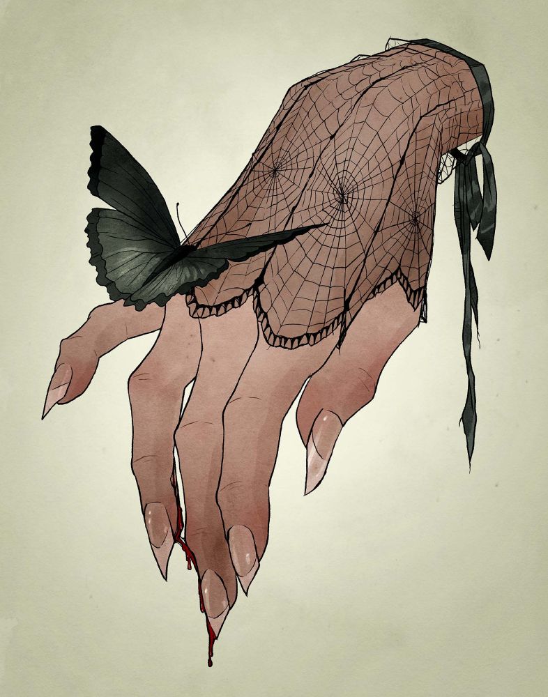 digital illustration by Abigail Larson depicting a hand with a lace web pattern glove. The hand has sharp fingernails dripping a tiny amount of blood. A black butterfly is perched on the hand.