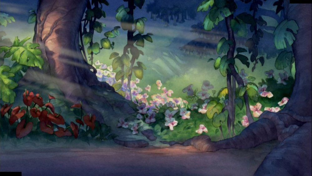 background painting from "Lilo & Stitch" 2002 showing a forest setting