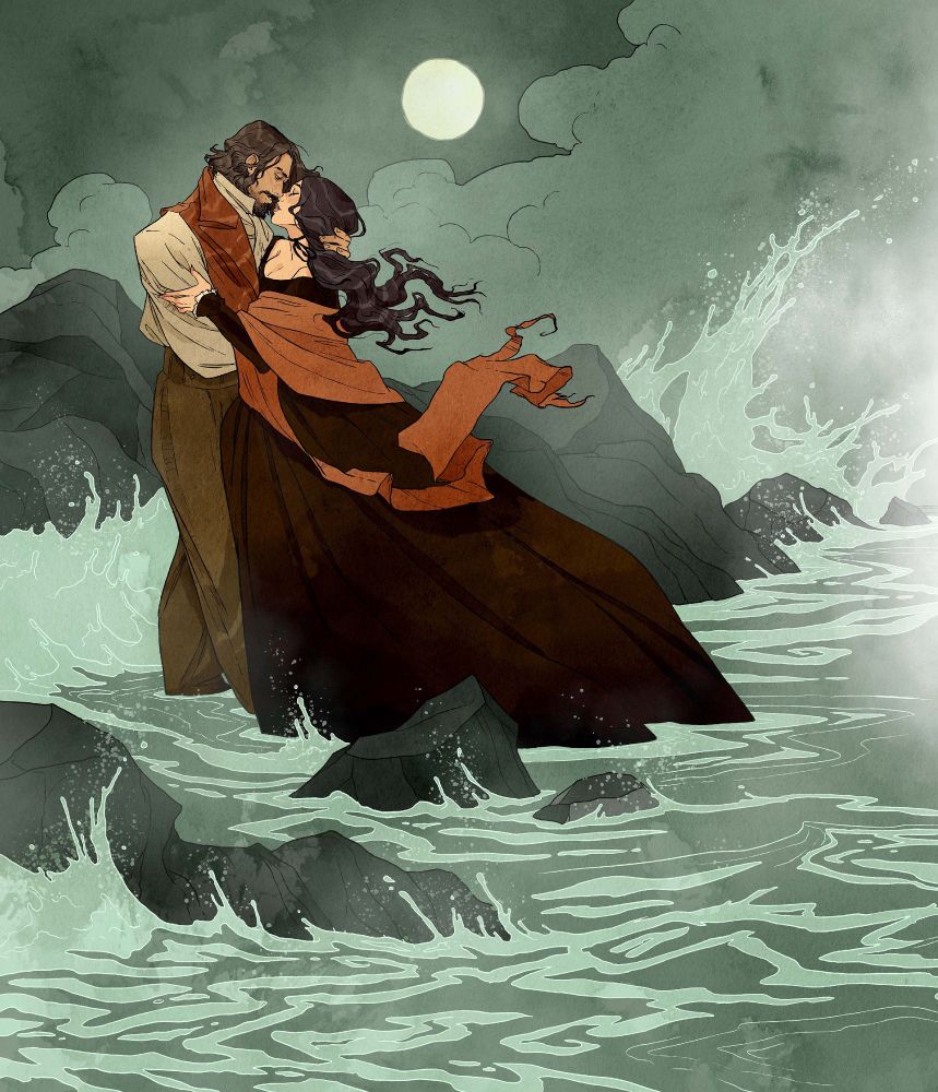 Illustration by Abigail Larson depicting a scene from Edgar Allan Poe's poem "Annabel Lee". Two lovers embrace at the edge of the sea, water splashes around them and the surrounding rocks. A full moon shines over them, and storm clouds loom.
Published in "Sticker Jigsaw: The Edgar Allan Poe Collection" 2024 Macmillan