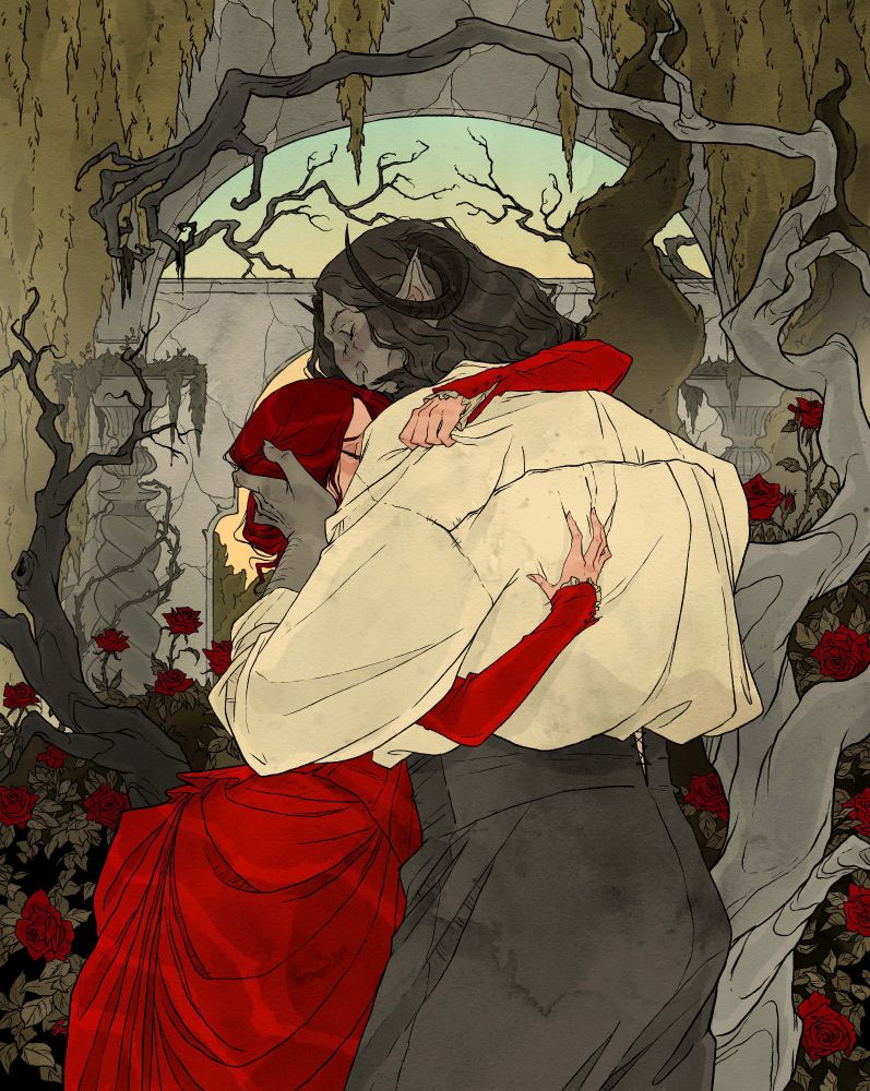 illustration inspired by "Beauty and the Beast" showing a goatman monster hugging a woman in a garden