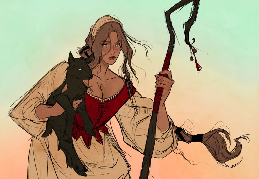 rough sketch showing a young woman in 17th century clothing holding a shepherd's crook in one hand, and a baby goat in her other arm staring at something off panel.
