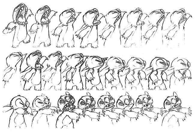 concept art from "Lilo & Stitch" 2002. A character expression sheet for Stitch