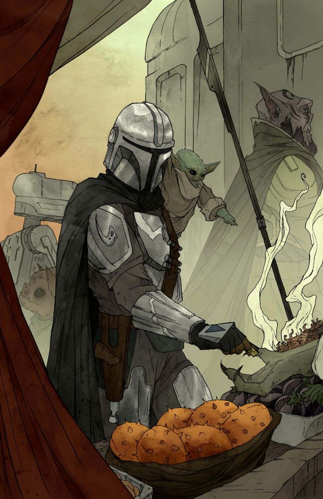 illustration by Abigail Larson of the Mandalorian Din Djarin handing credits to an alien vendor while Grogu sits on his shoulder pointing to some food on a stand. Various droids and aliens are in the background