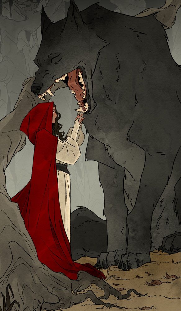 illustration of a vampire in a red cape looking into the mouth of a giant wolf. The image is from the upcoming "Vampire Tarot" by Sasha Graham and Abigail Larson