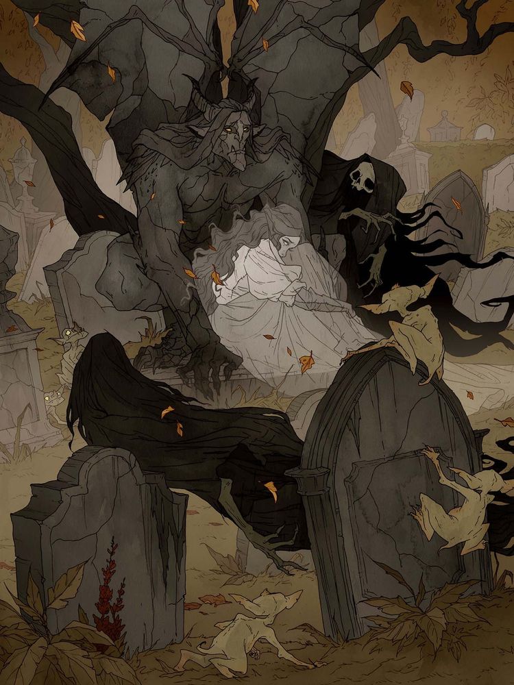 an illustration of an Autumn graveyard scene showing a female ghost curled up on a stone gargoyle statue surrounded by ghouls and goblins.