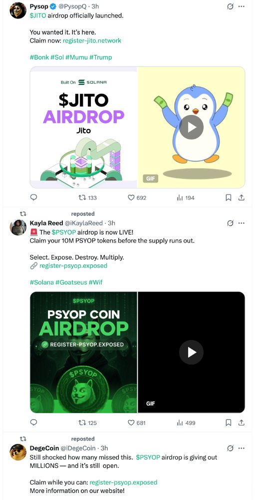screenshot of a hacked account reposting spam on twitter