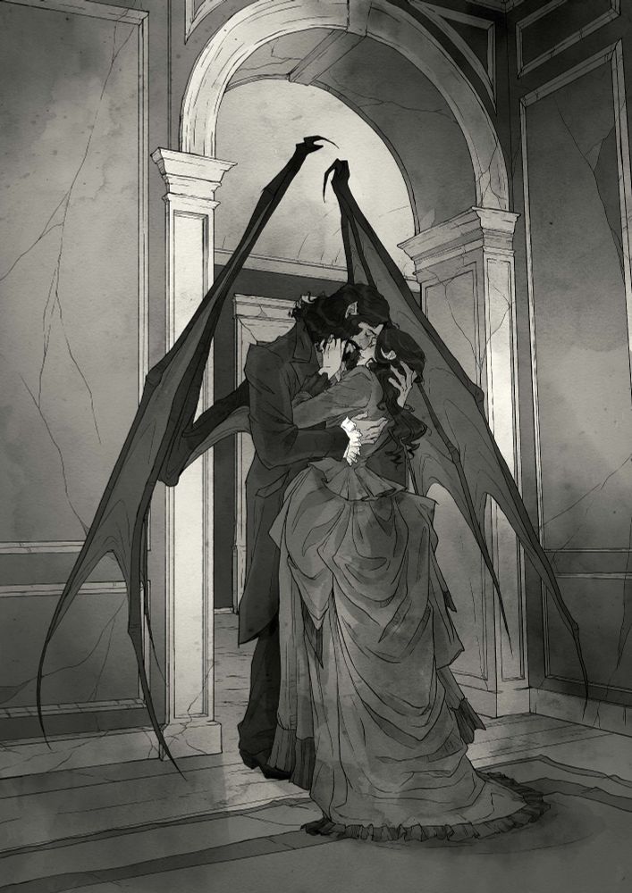 illustration of a winged male vampire embracing a human woman in a room with an arched doorway