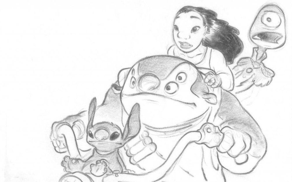 concept art from "Lilo & Stitch" 2002 based on designs by Chris Sanders. A pencil drawing of Nani and the aliens on a bike