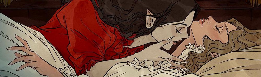cropped image of an illustration of the vampire Carmilla caressing Laura's neck while she sleeps.
