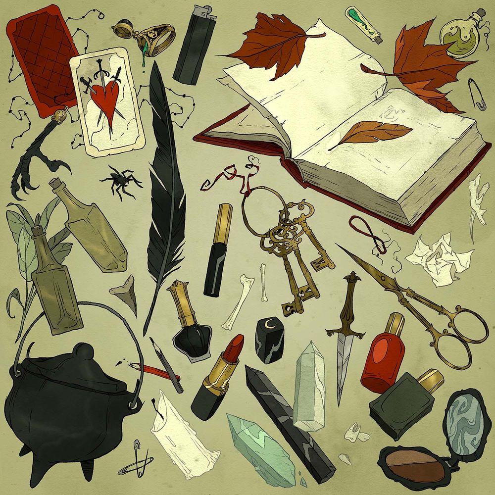 illustration showing a variety of items spread out - a book, tarot deck, feather, lighter, keys, scissors, makeup, mini cauldron, candle, safety pins, shark's tooth, leaves, a spider, a hair tie, bones, little perfume bottles, crumpled tissue.
