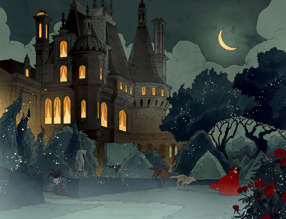 illustration by Abigail Larson showing a night scene in a castle's garden. A woman in a fancy red gown runs away from the garden and is pursued by two large wolves.