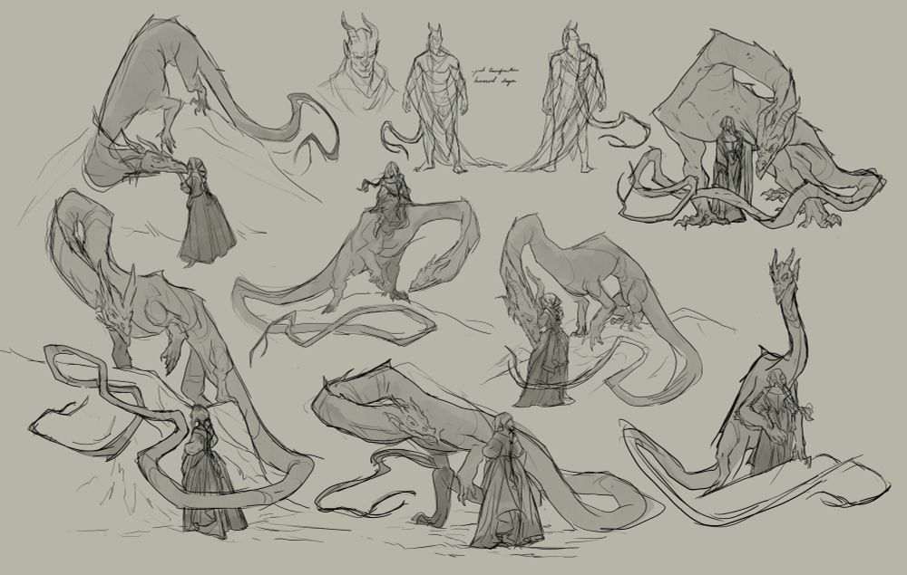 rough sketches showing various poses of a wyrm and maiden. Inspired by the "Bride of the Lindworm" fairytale